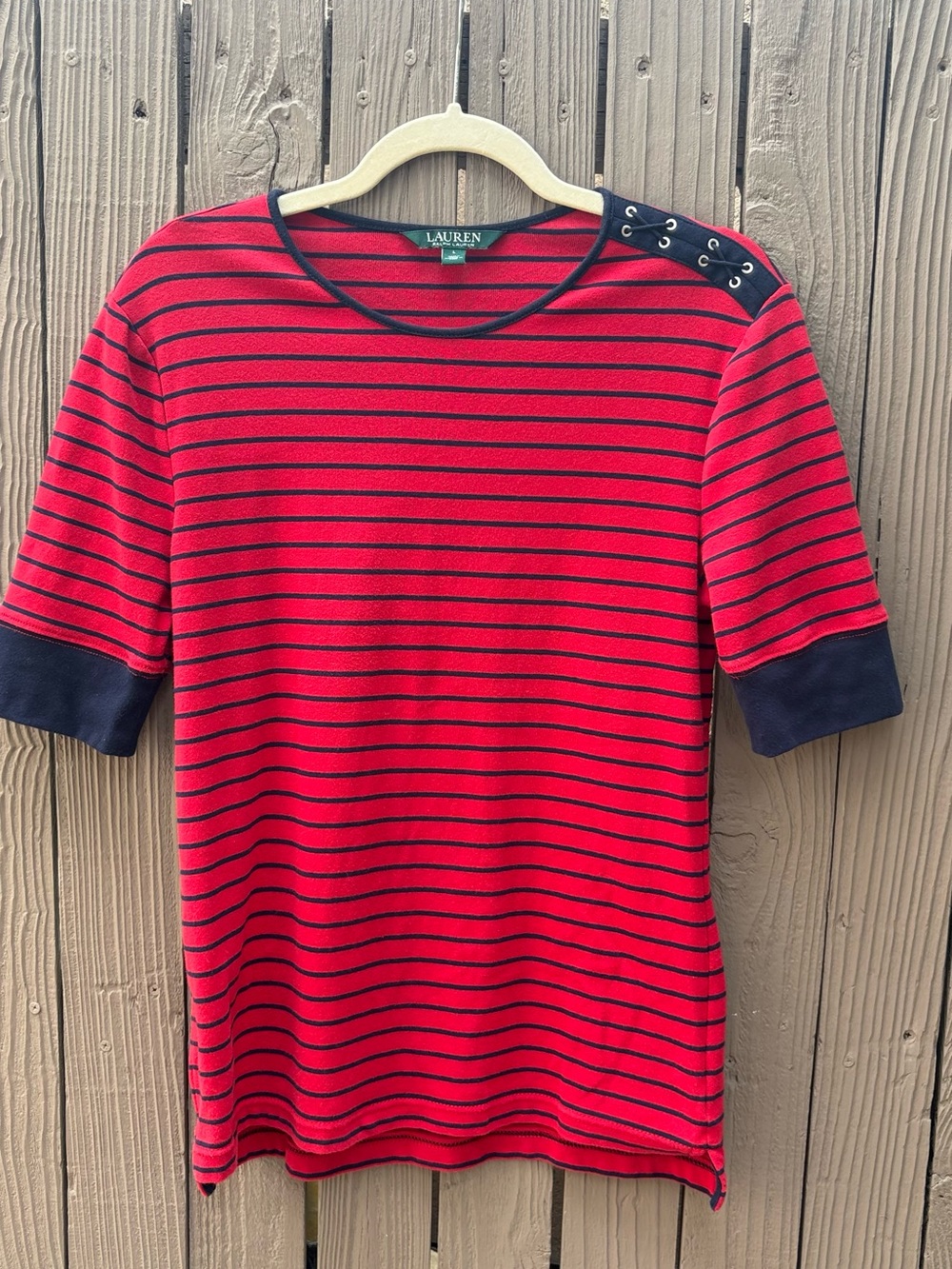 Lauren Ralph Lauren Red & Navy Striped Crewneck Sweater